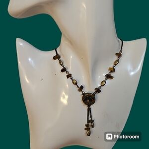 VTG Brown Tiger Eye Floral Sautoir Necklace